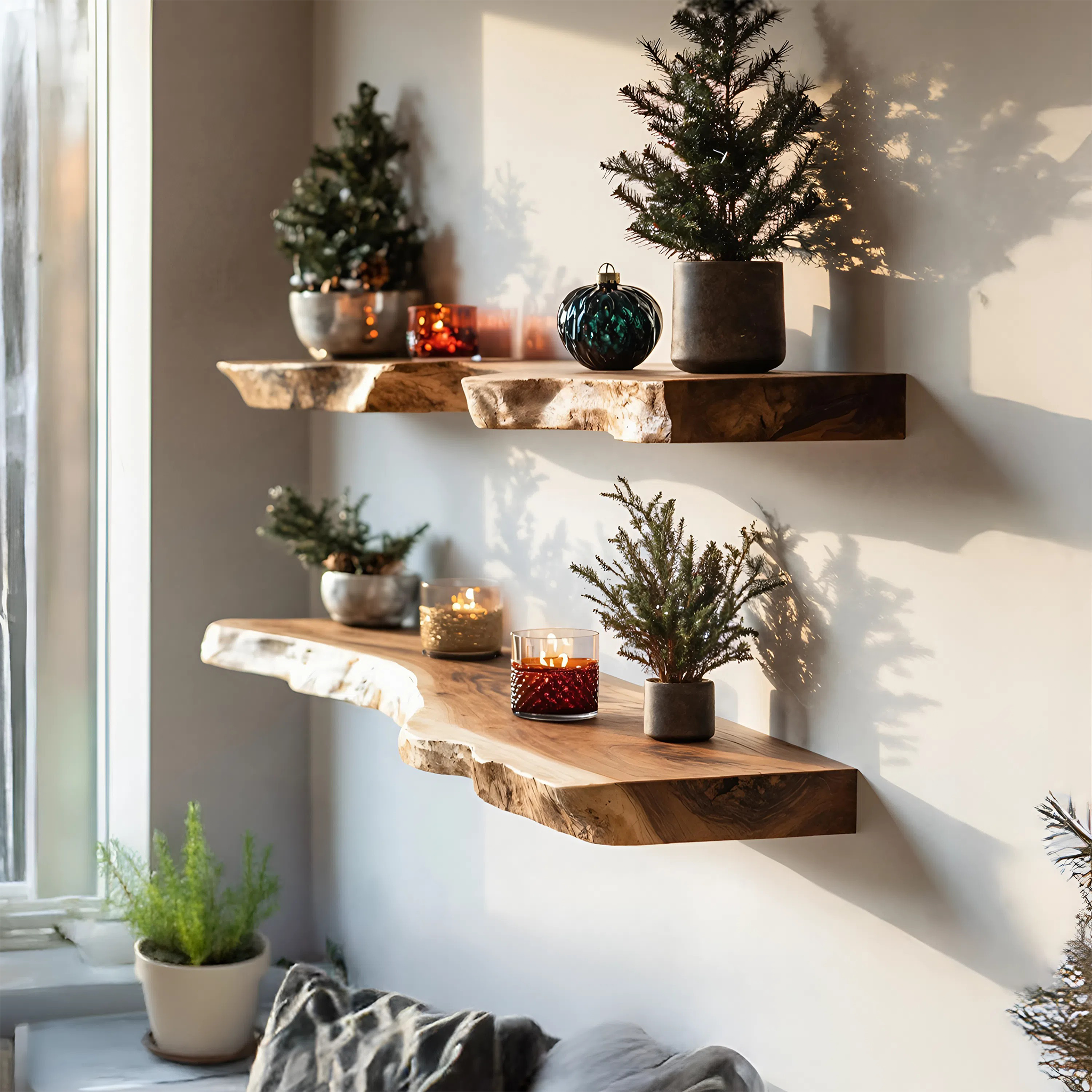 Mid Century Wooden Floating Shelf For Cozy Christmas Bedroom Setup SILDTTNCFL029