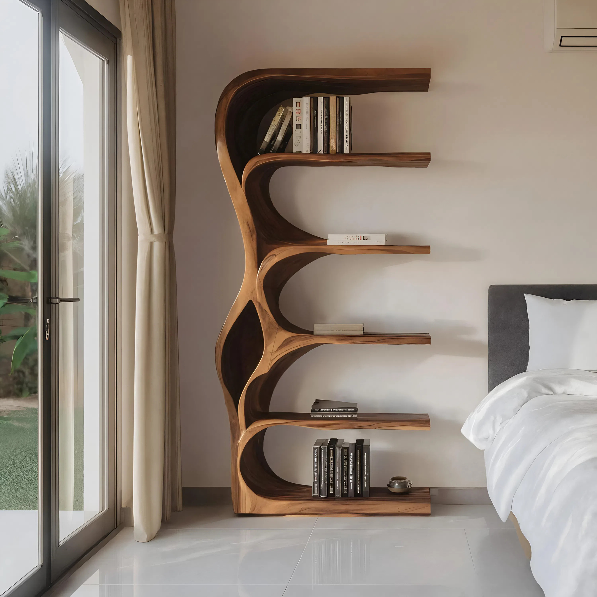 Organic Bookshelf With Curved Open Shelving For Bedroom Decor SITHHNBS067