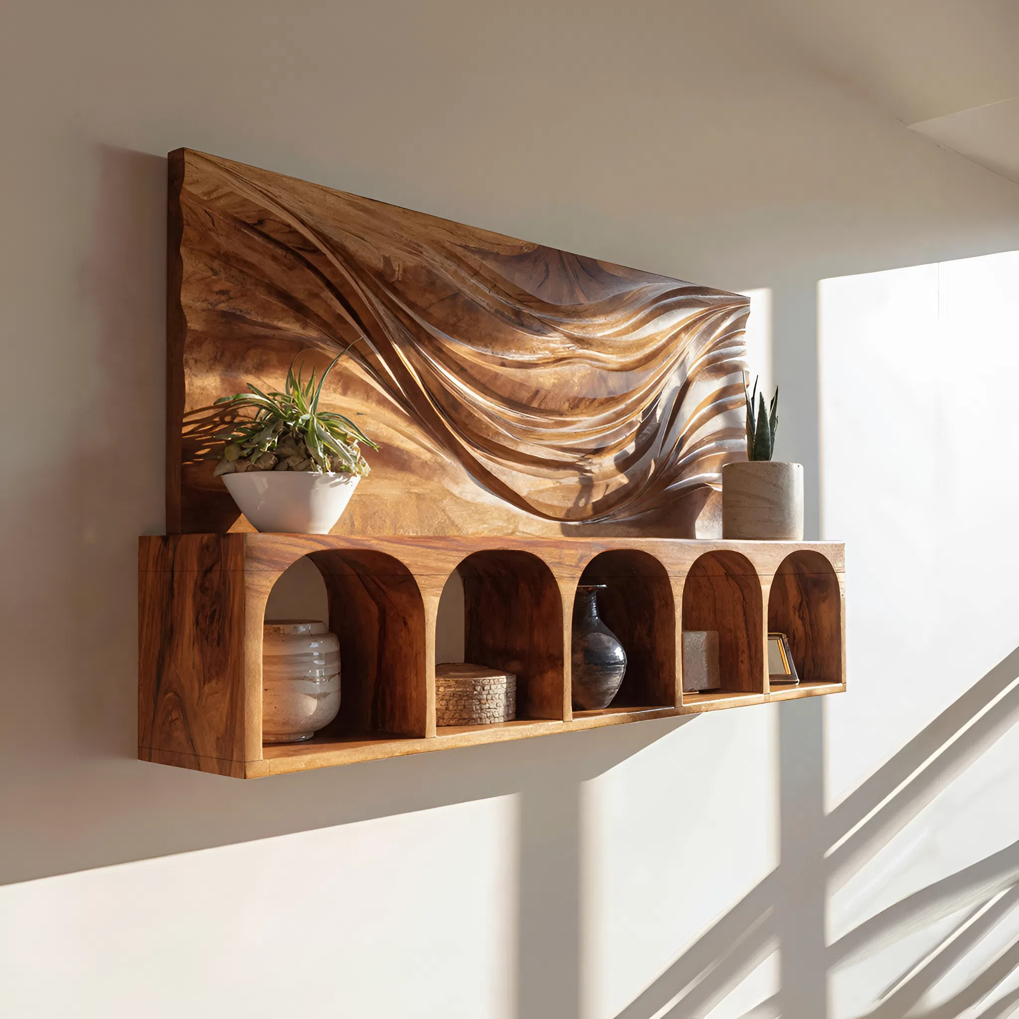 Mid Century Natural Wood Wall Storage Shelf For Kitchen Display SILDTTRWMS011
