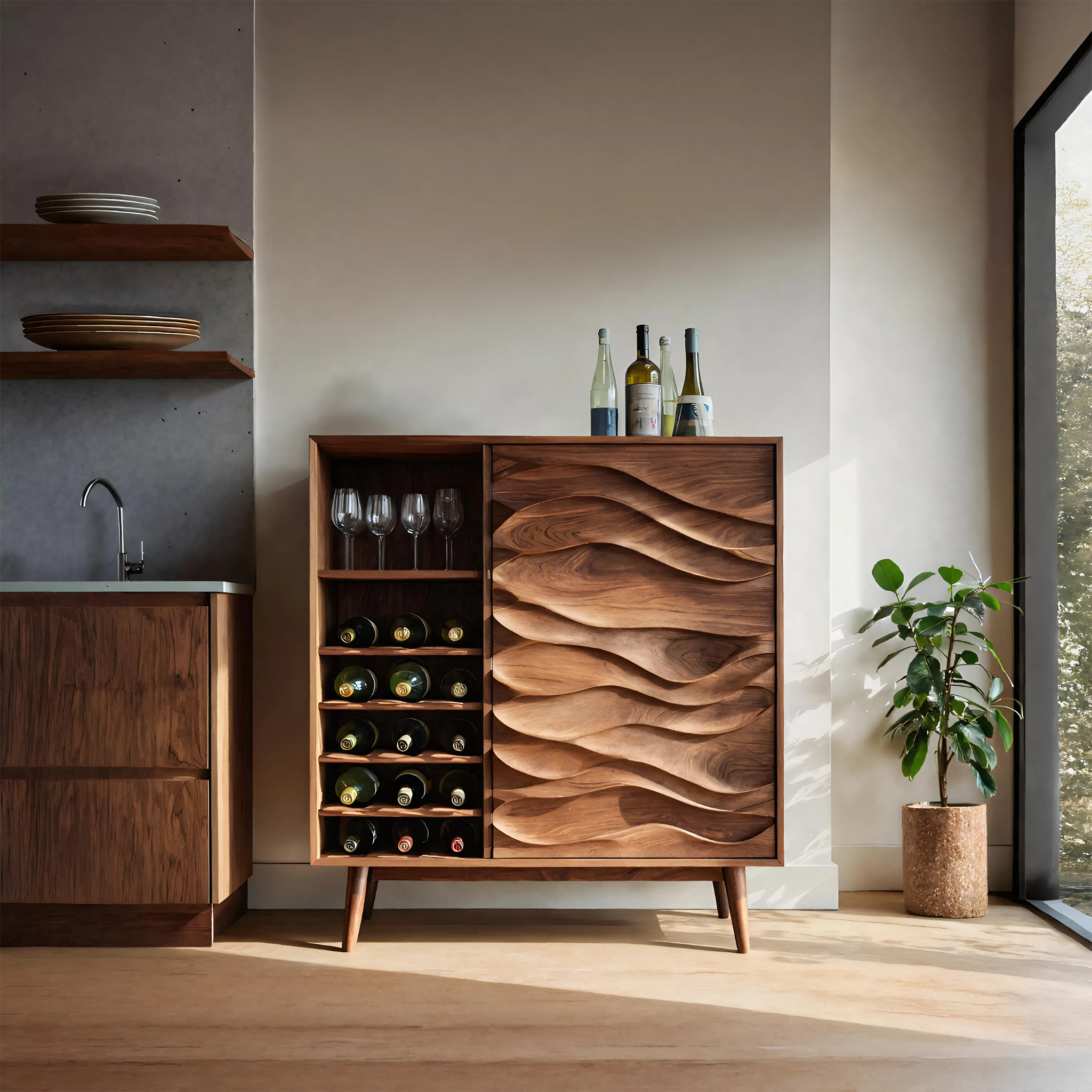 Sculptural Wine Cabinet With Wave Carved Doors For Kitchen SITHTTBCA013