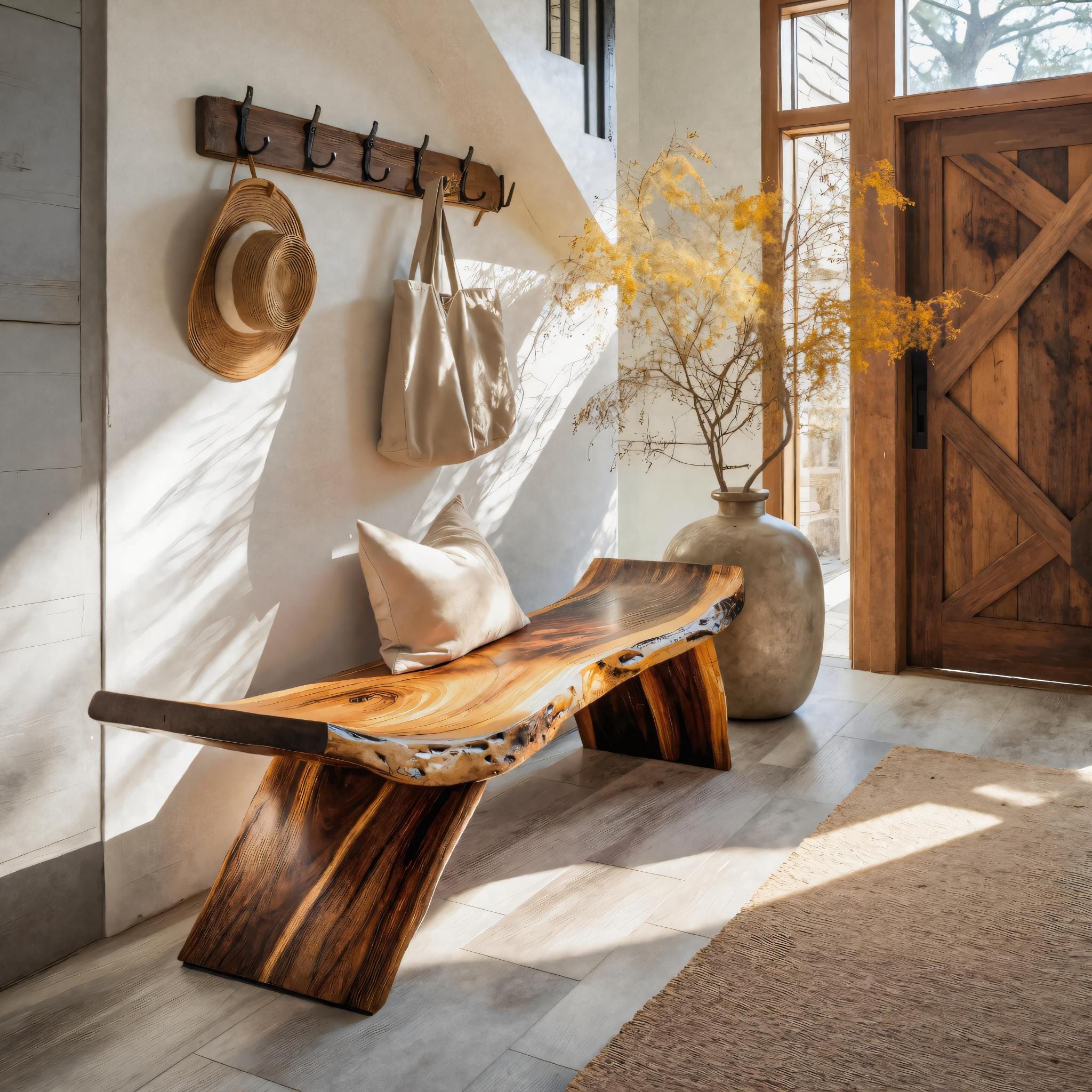 Rustic Live Edge Bench With Organic Curves For Entryway SITHTTCHR037