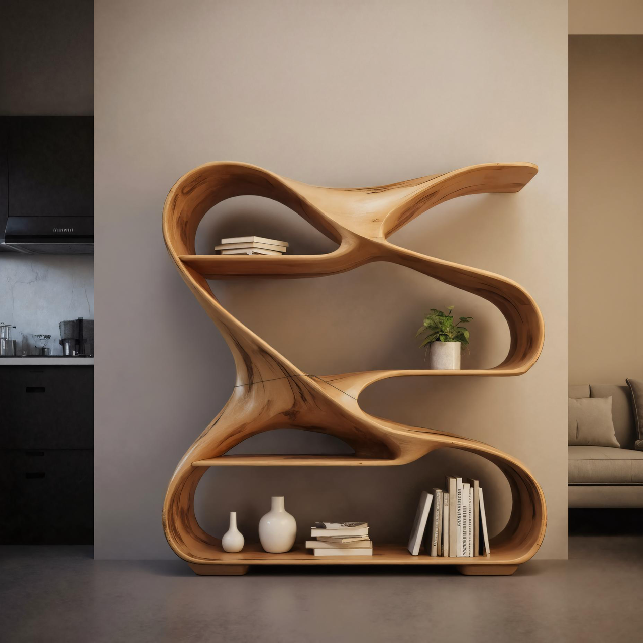 Modern Sculptural Wooden Bookshelf For Living Room Or Office Display SITHHNBS005
