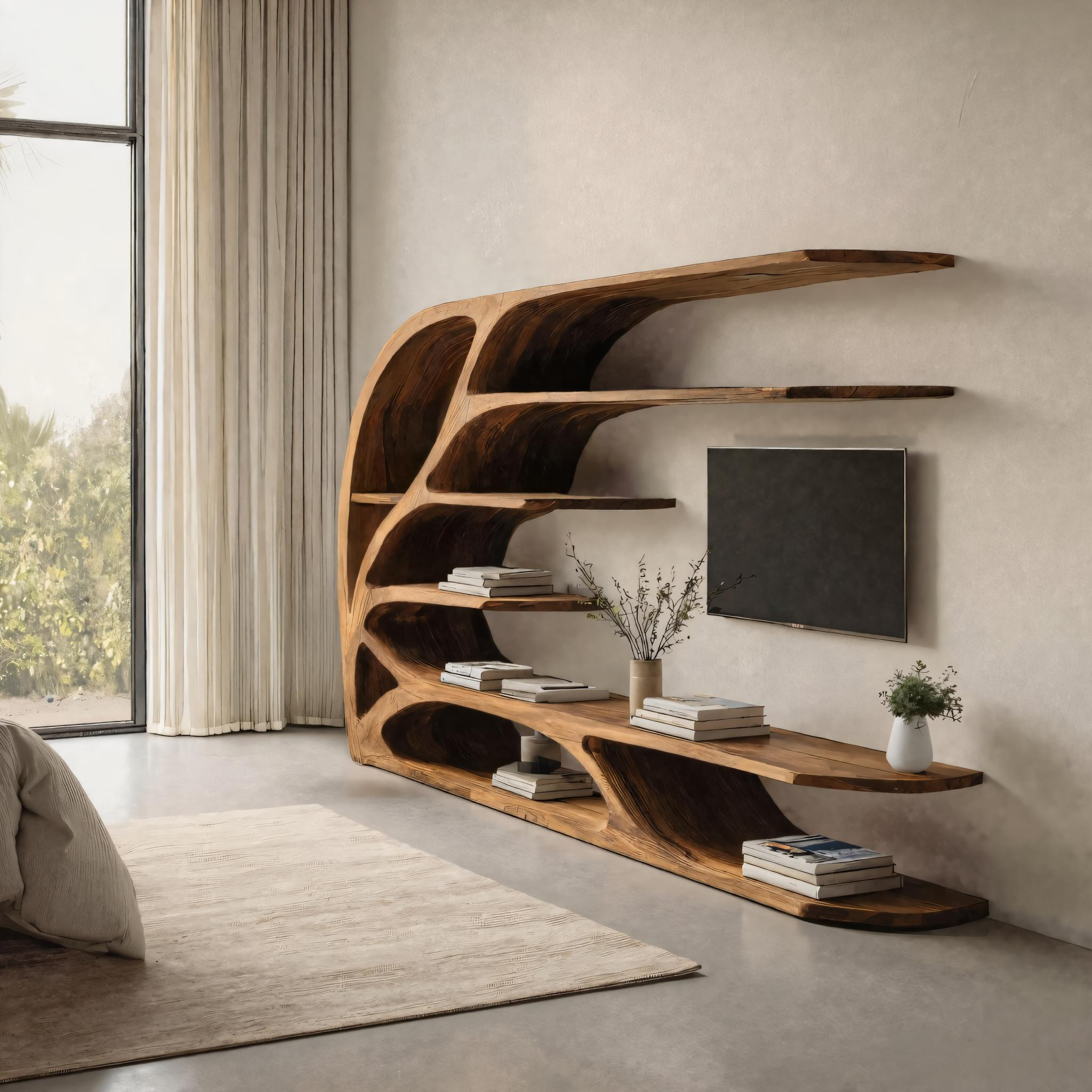 Modern Sculptural Wavy Carved Media Console For Living Room SITHHNTVC042