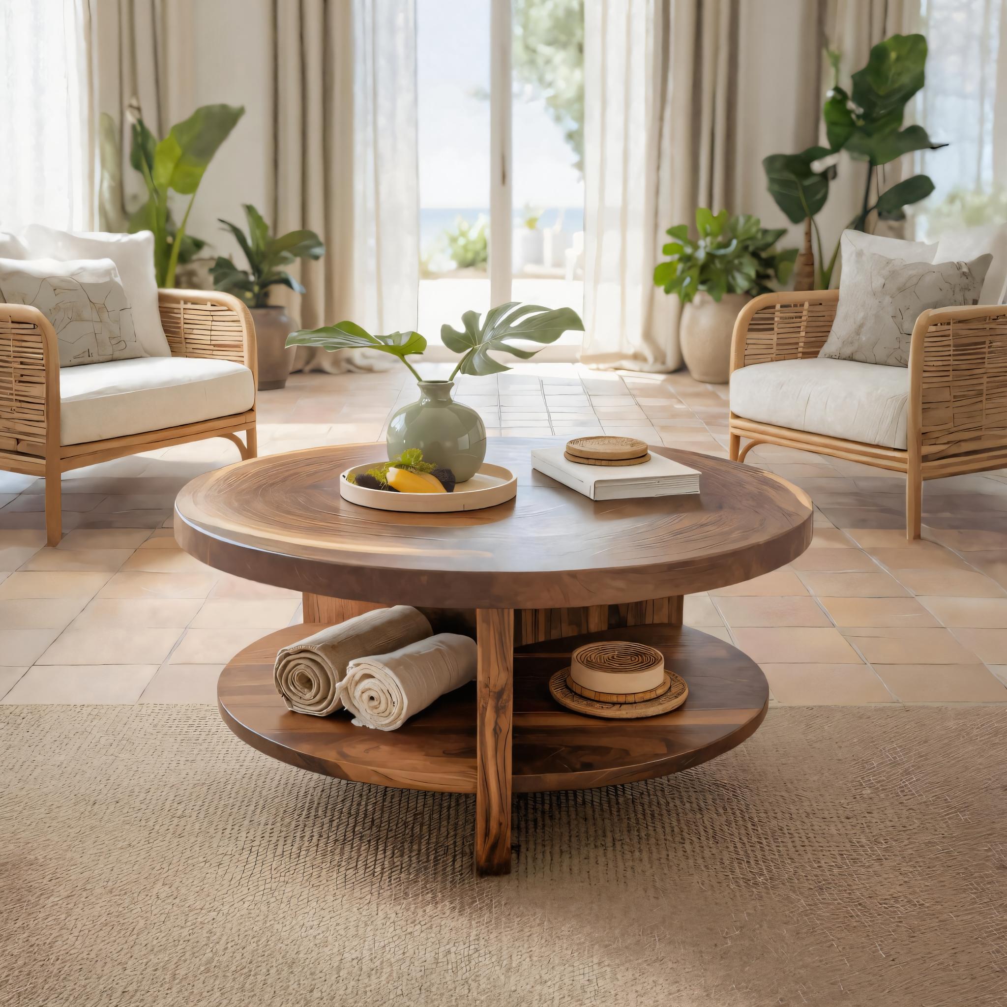 Tropical Round Coffee Table With Shelf For Coastal Living Room And Lounge SITHTTCF003