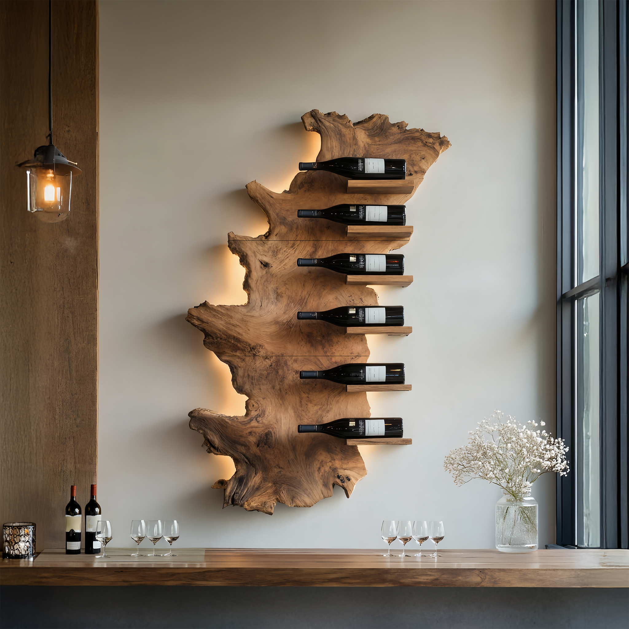 Handcrafted Wooden Live Edge Wine Holder For Bar Display Art SILDTTRWH049