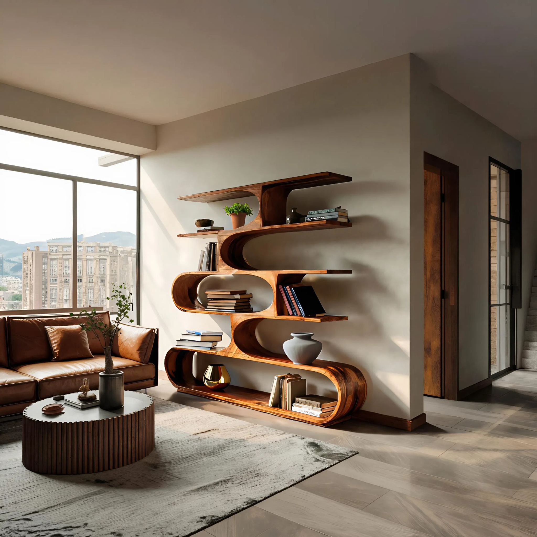 Artistic Curved Bookcase For Living Room Decor RTTHTTBS054