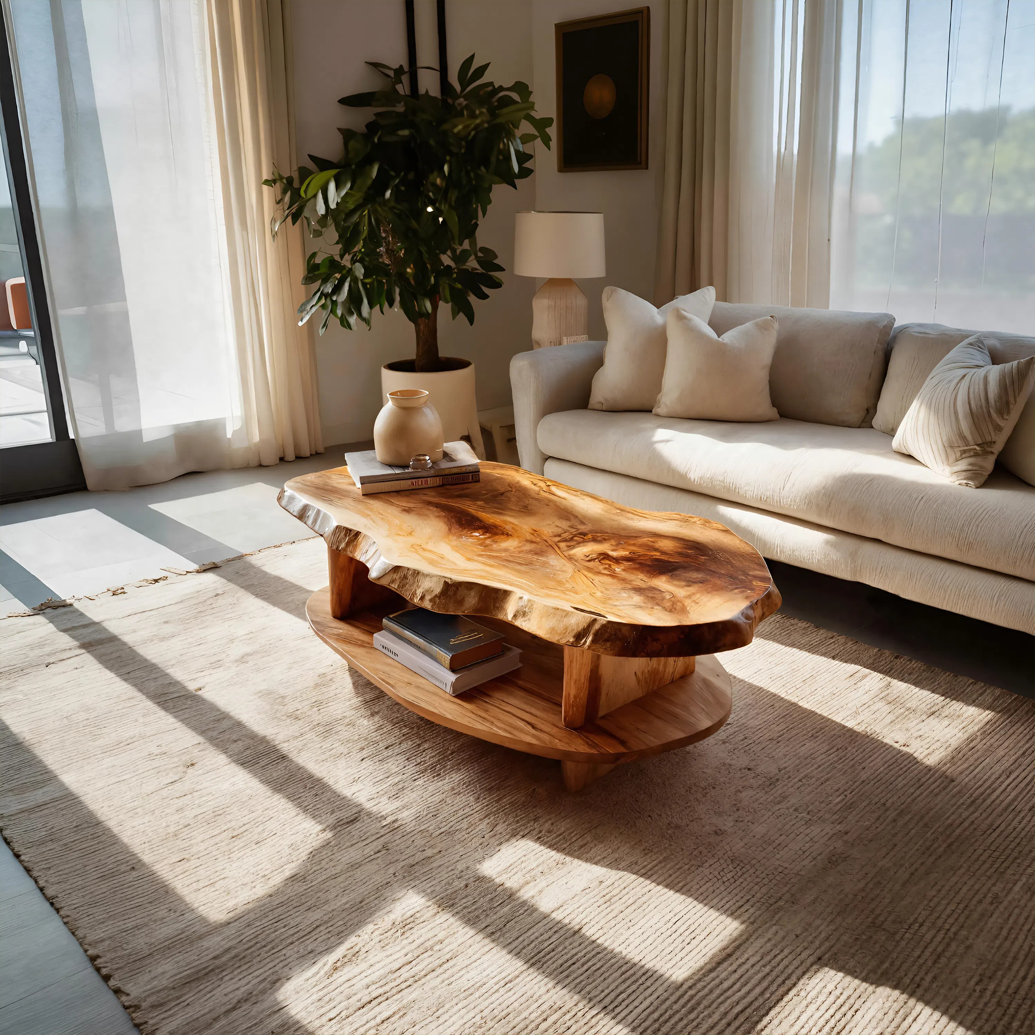 Rustic Coffee Table Live Edge And Shelf For Living RTTHTTCF032