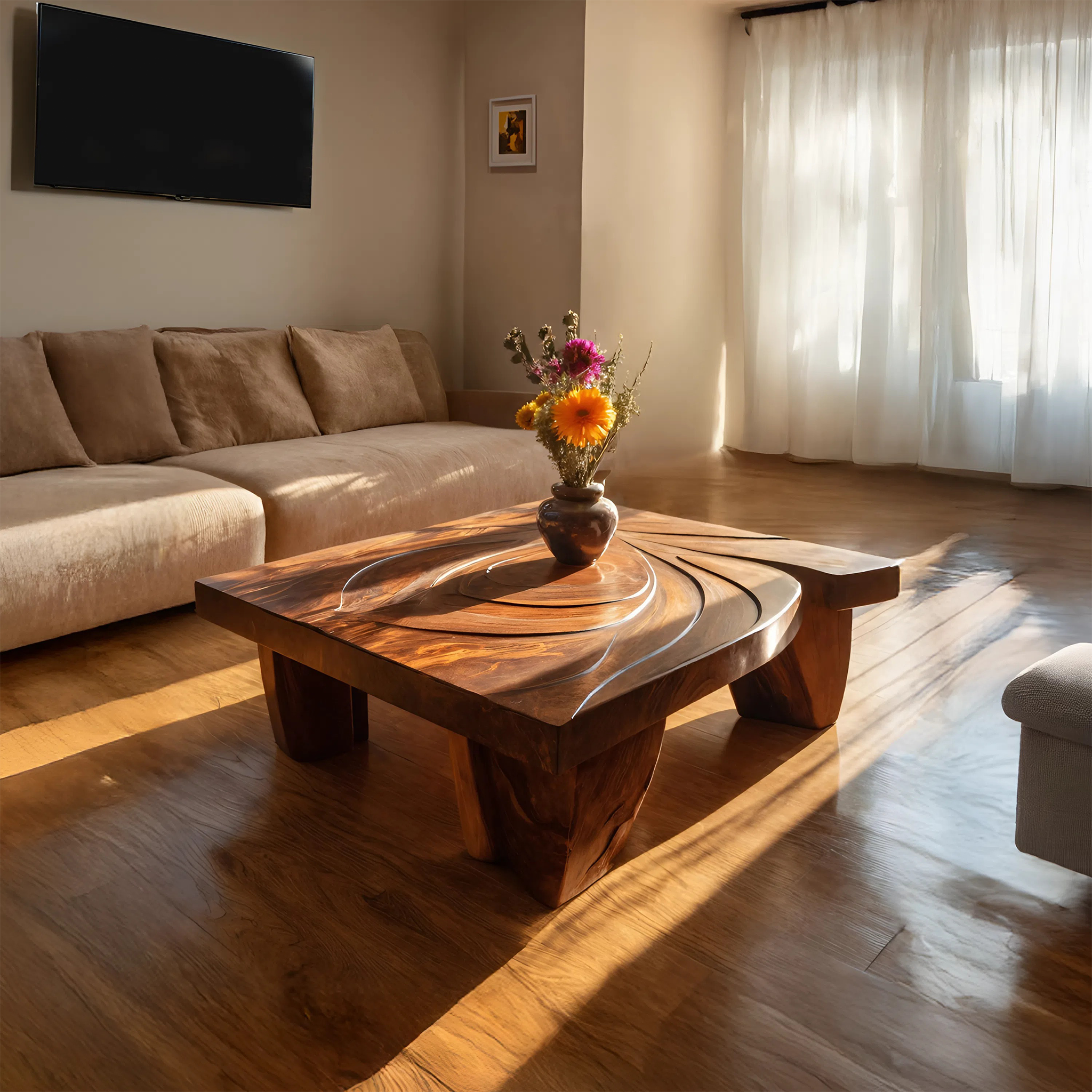 Mid Century Abstract Solid Wood Coffee Table For Living Room SILDTTRCF070