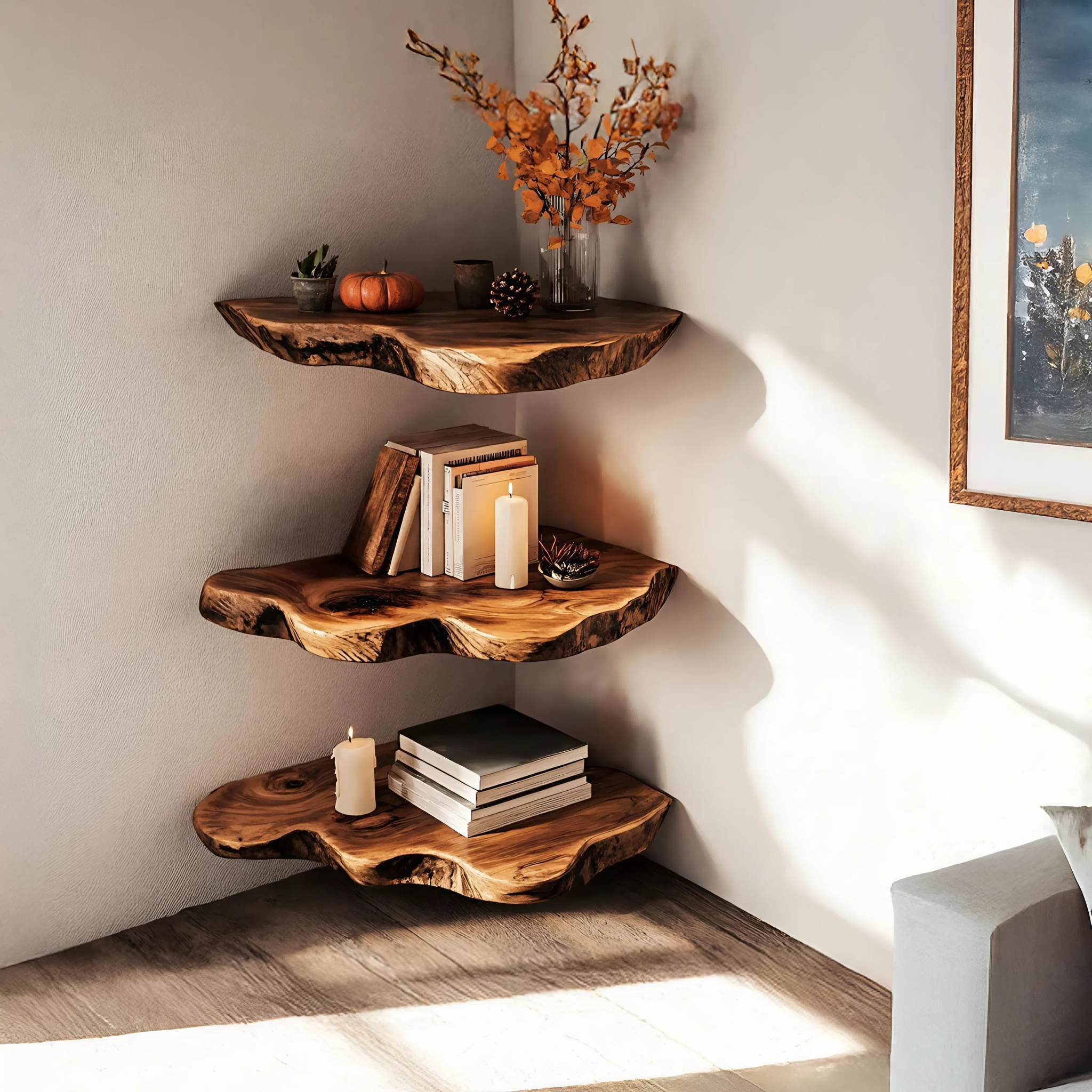 Handcrafted Wooden Live Edge Corner Shelf For Furniture Decor SILDTTRCN003