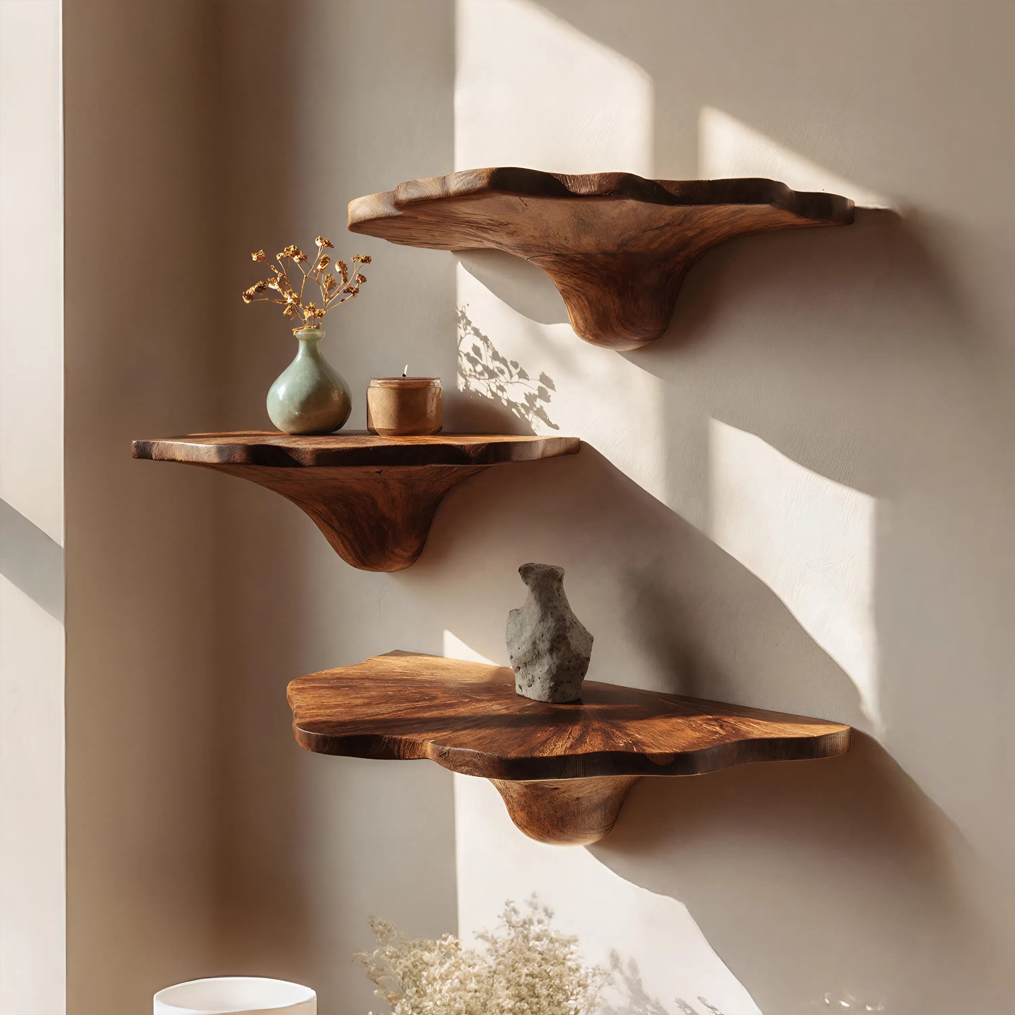 Handcrafted Wooden Mushroom Shelf For Artistic Living Room Decor SILDTTNMR007