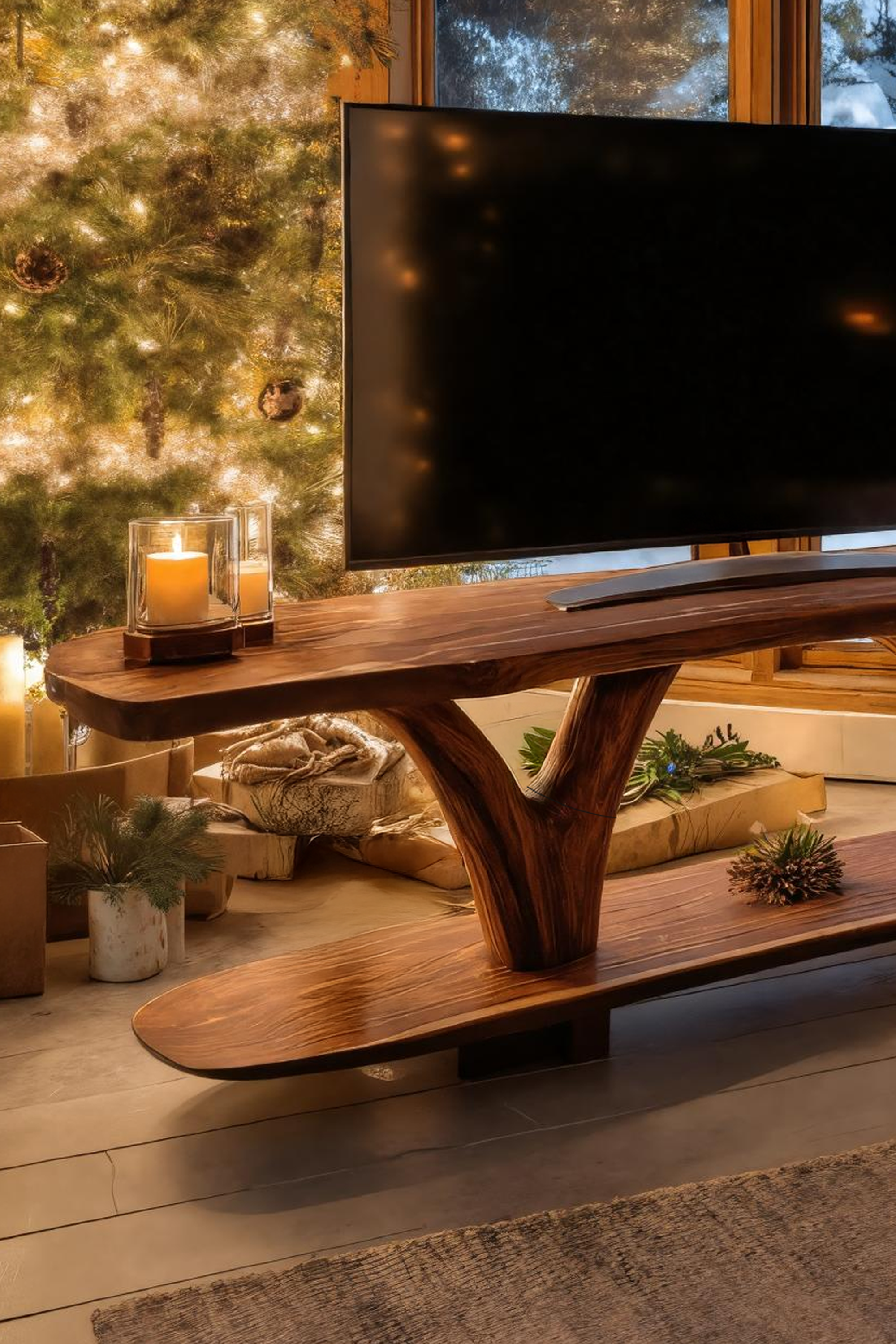 Handcrafted Wooden Live Edge TV Console For Cozy Holiday Gift SILDTTRCTV015