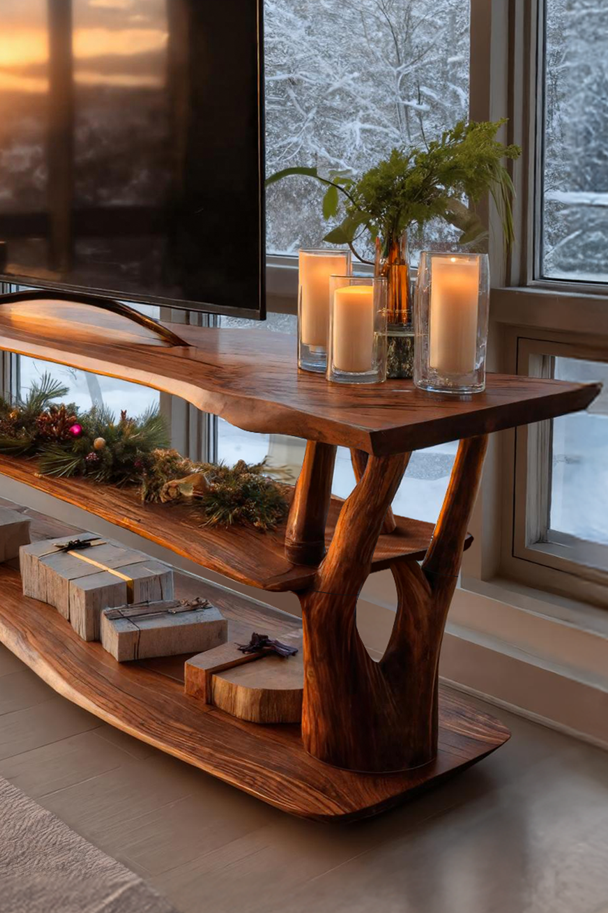 Handcrafted Live Edge Entryway TV Stand For Cozy Winter Home SILDTTRCTV011
