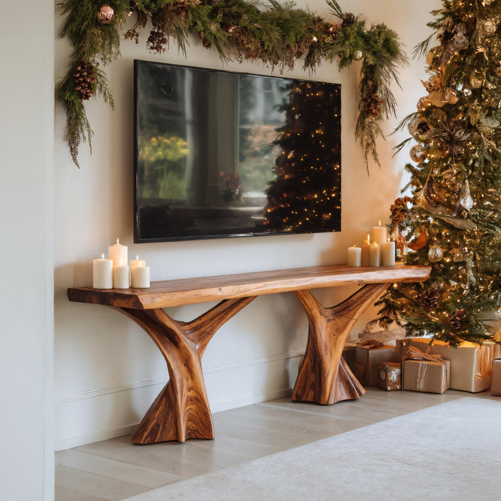 Handcrafted Wooden Live Edge TV Console For Winter Decor Gift SILDTTRCTV043