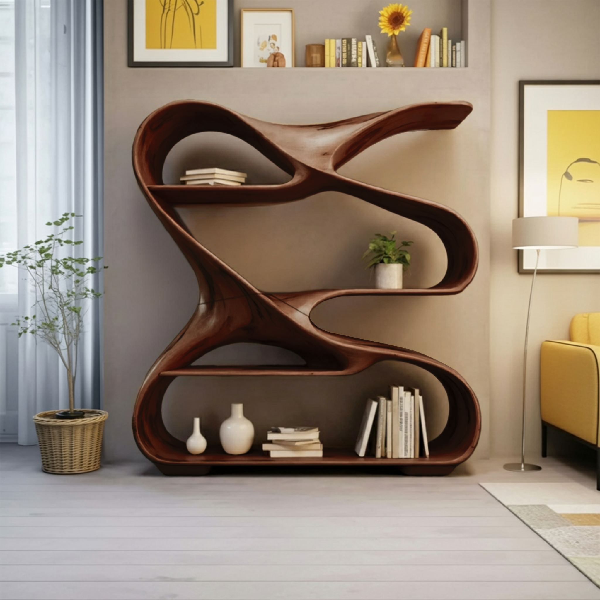Modern Sculptural Wooden Bookshelf For Living Room Or Office Display SITHHNBS005