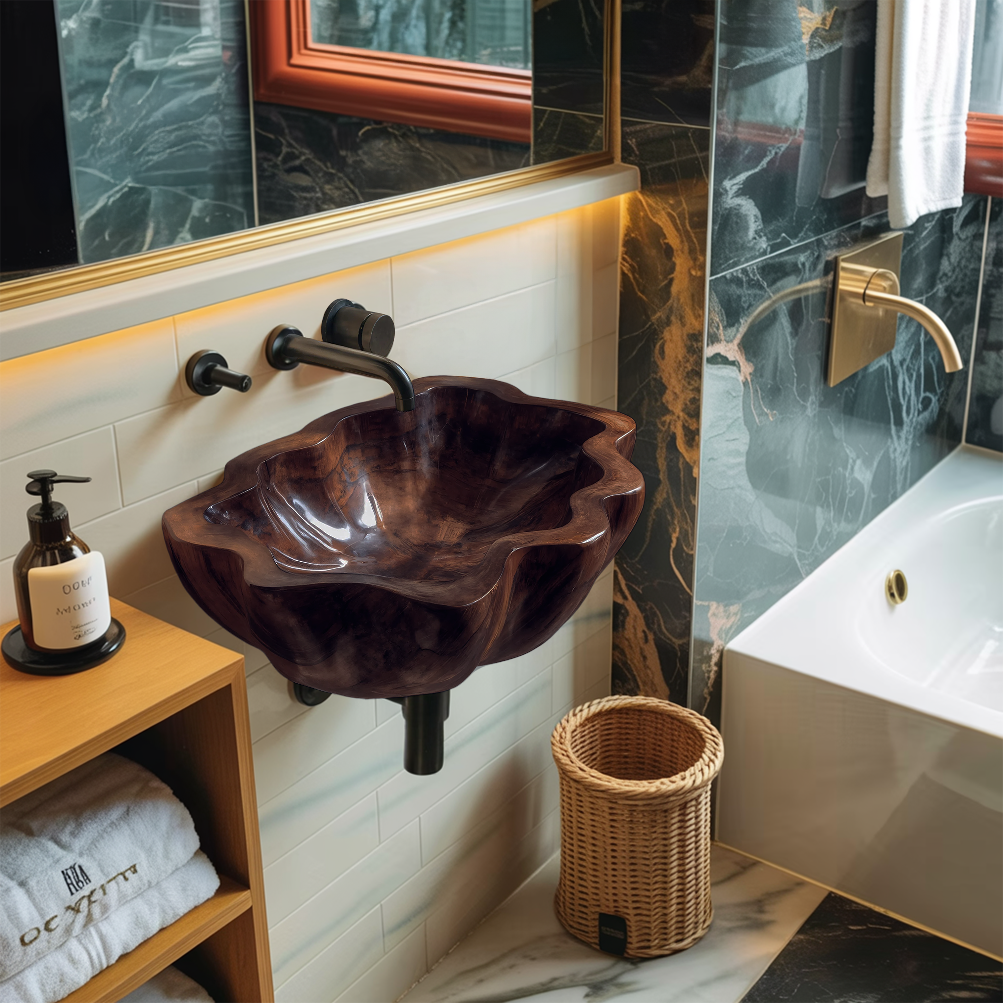 Handcrafted Solid Wood Wash Basin For Artistic Bathroom Interior Decor SILDTTRVS031