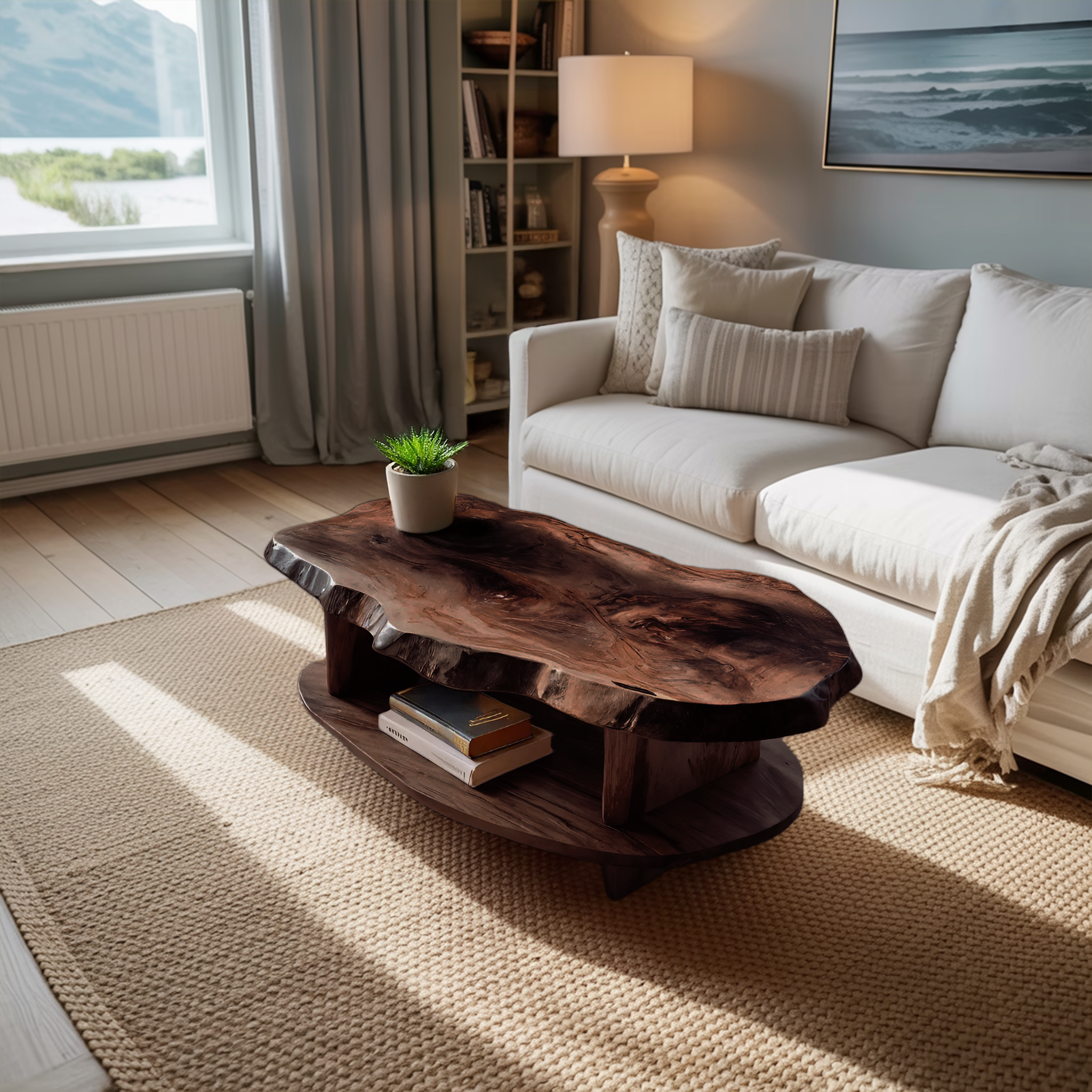 Rustic Coffee Table Live Edge And Shelf For Living RTTHTTCF032