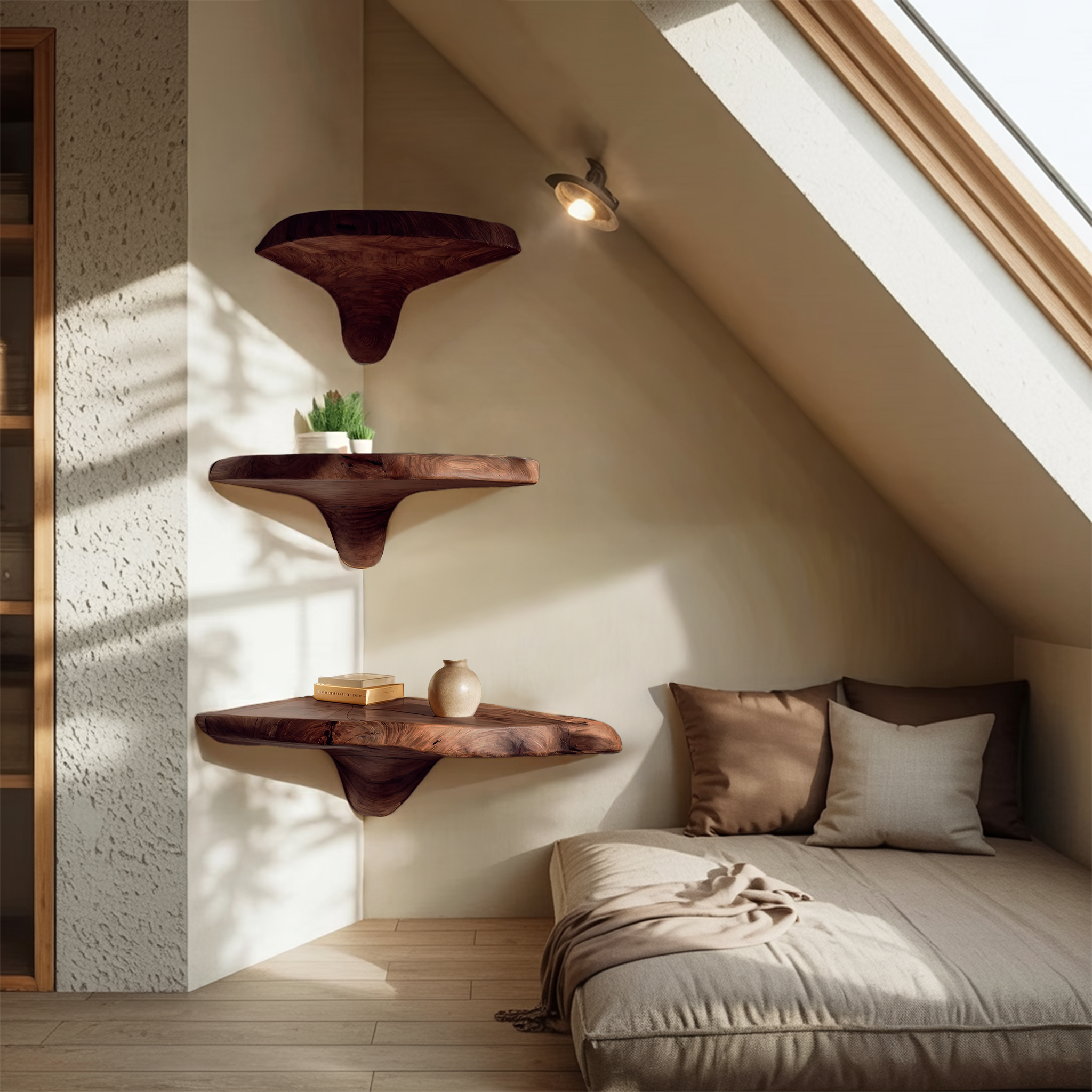 Handcrafted Wooden Live Edge Mushroom Shelf For Entryway Design SILDTTNCMS004