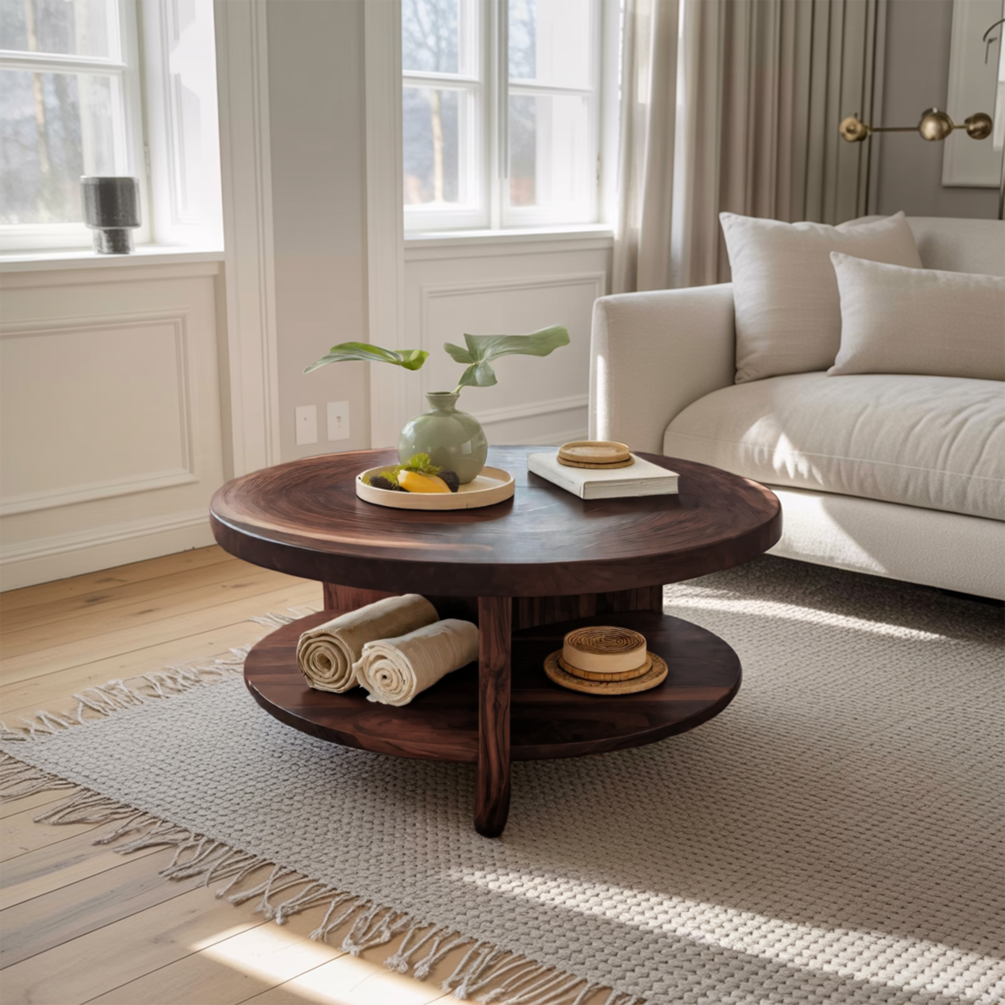 Tropical Round Coffee Table With Shelf For Coastal Living Room And Lounge SITHTTCF003
