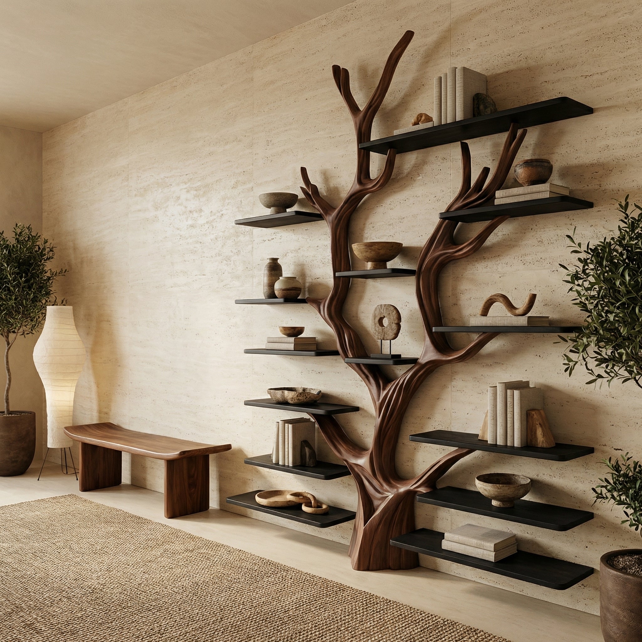 Sculptural Tree Bookcase - Artisan Tree-Inspired Wall Unit SINLSATB179