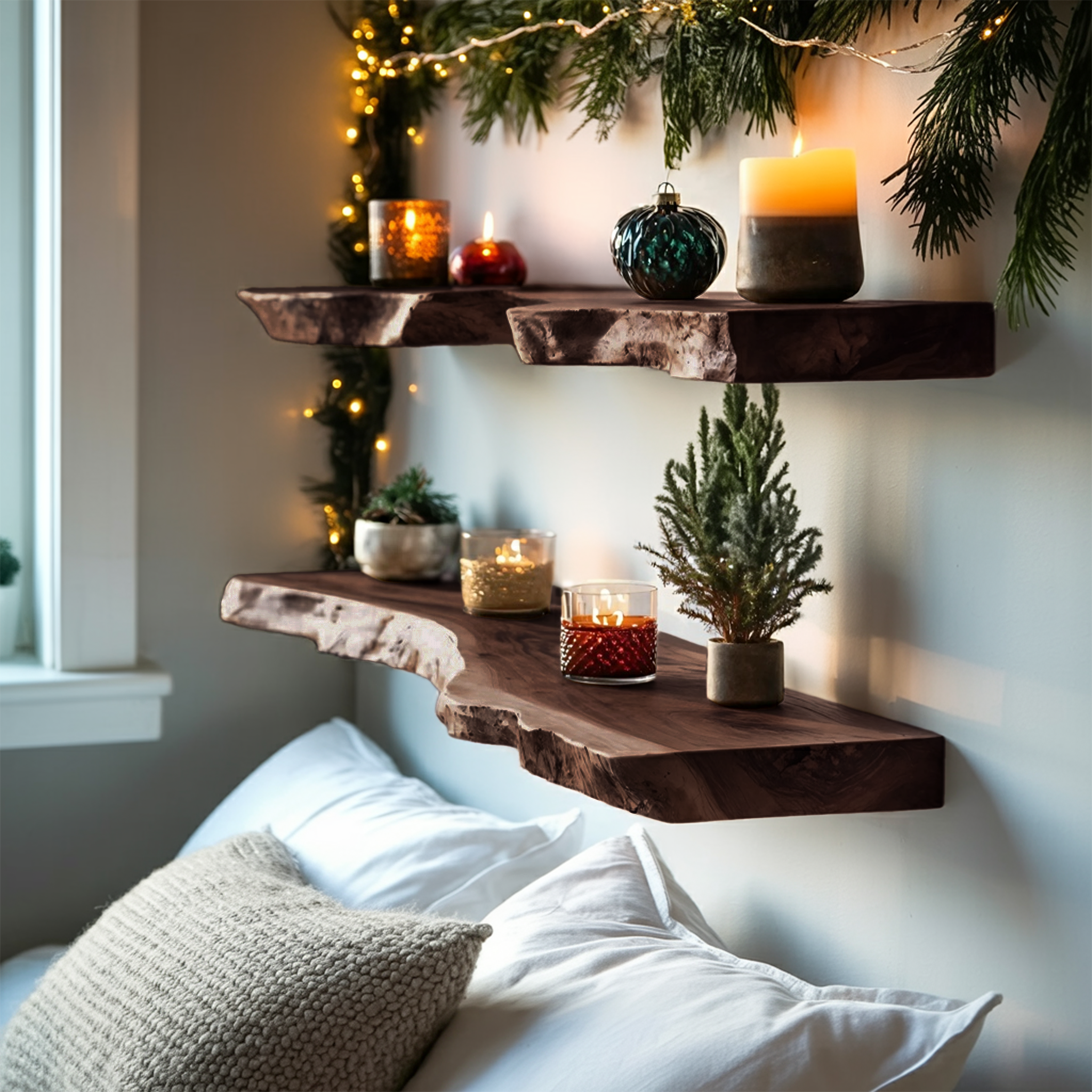 Mid Century Wooden Floating Shelf For Cozy Christmas Bedroom Setup SILDTTNCFL029