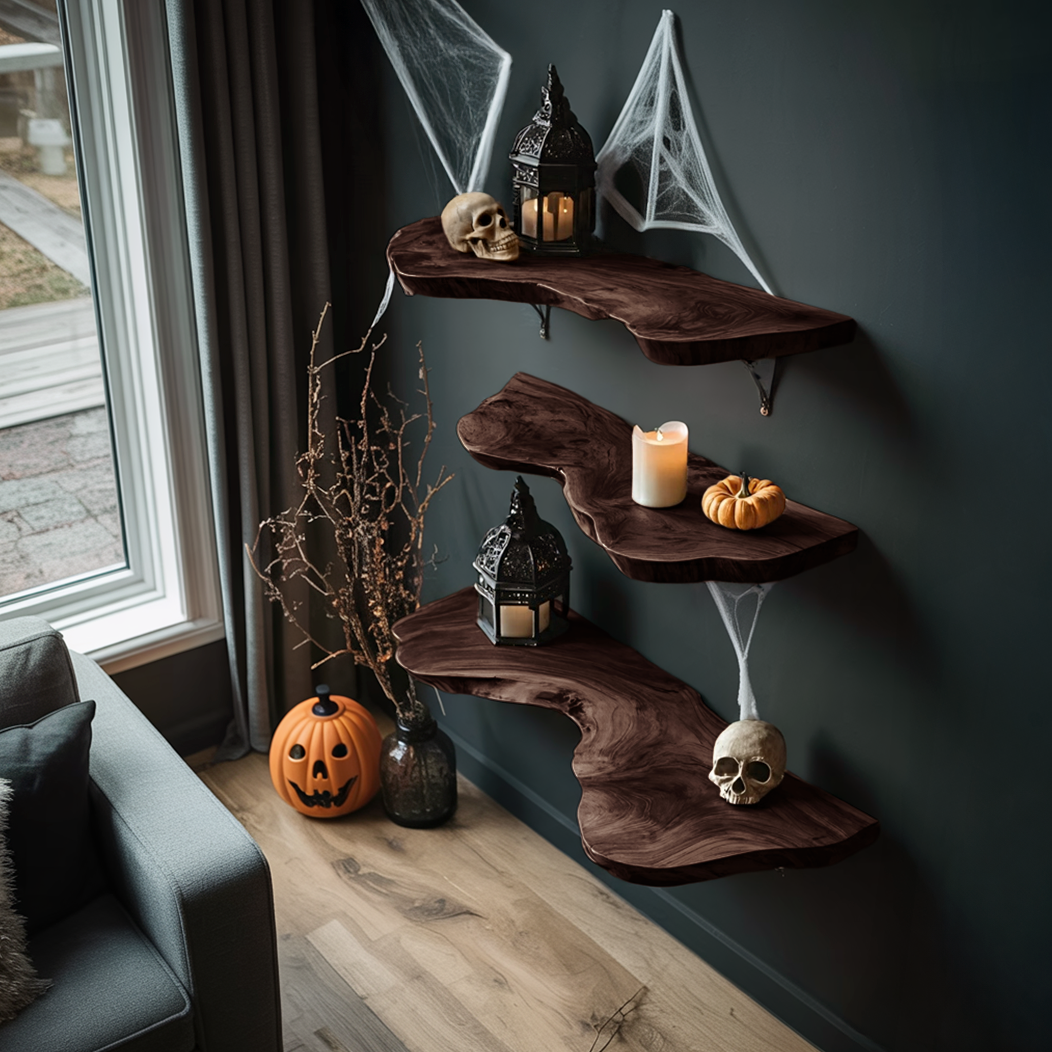 Handcrafted Live Edge Floating Shelf For Furniture Decor Halloween Inspiration SILDTTRHFL003