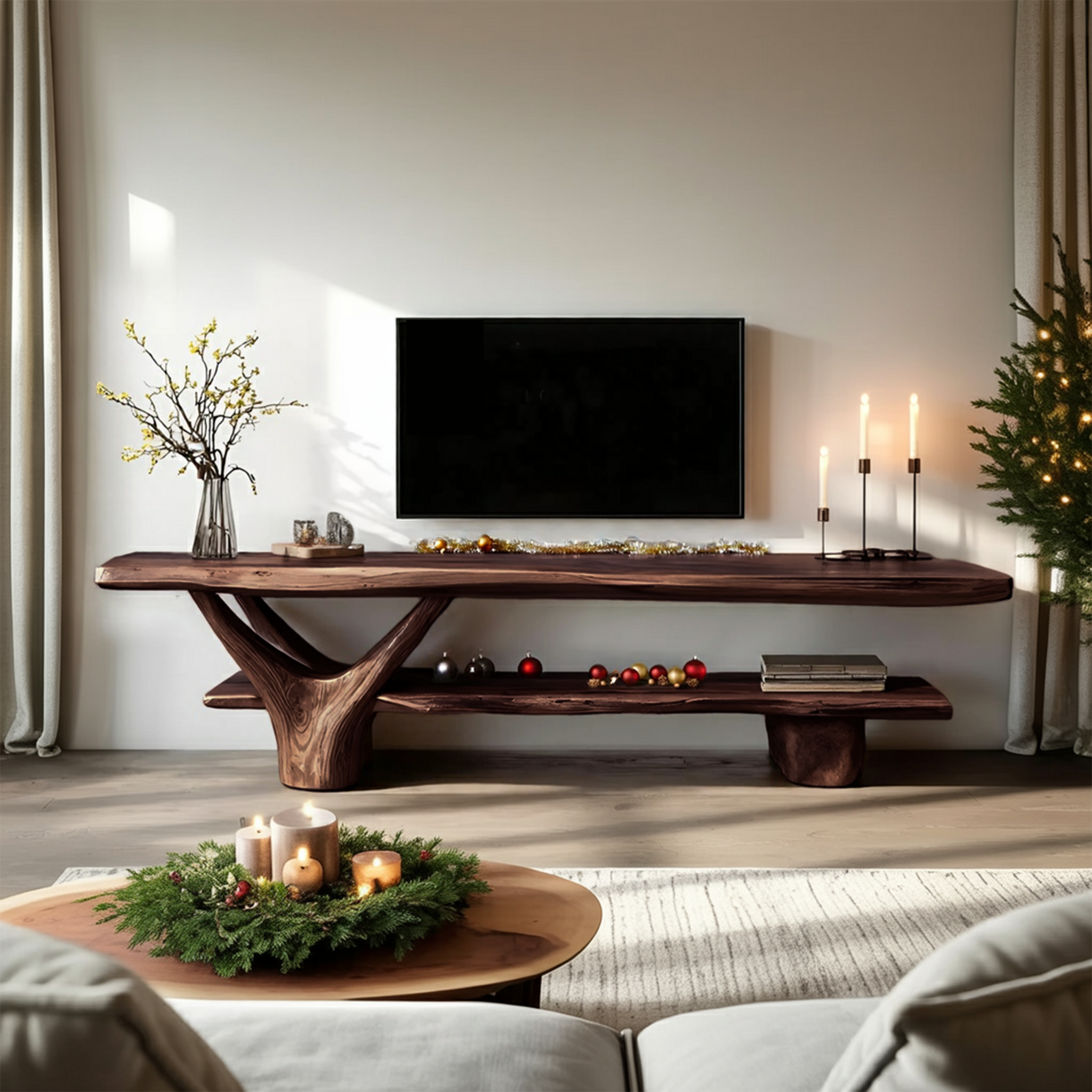 Handcrafted Wooden Live Edge TV Console For Holiday Entryway Design SILDTTNCTV011
