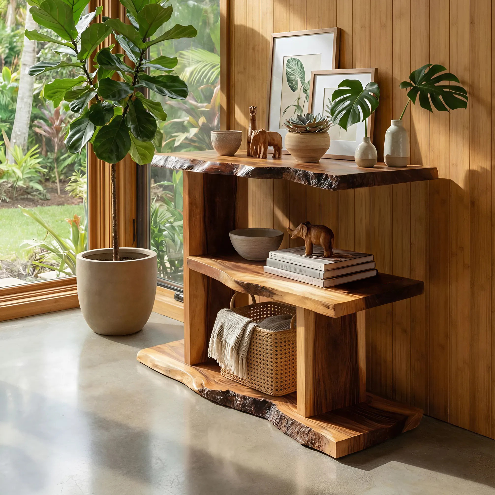 Artistic Wooden Live Edge Standing Shelf For Entryway Storage Design SILDTTNFGS008