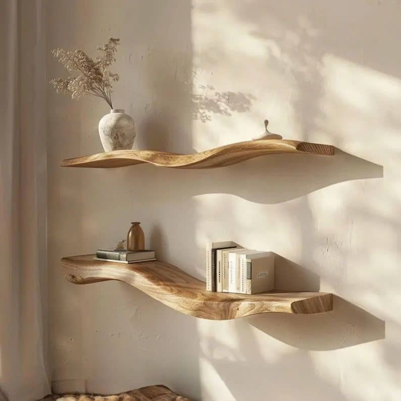 Rustic Wavy Floating Shelf Live Edge Decorative For Living Room SINLWV006