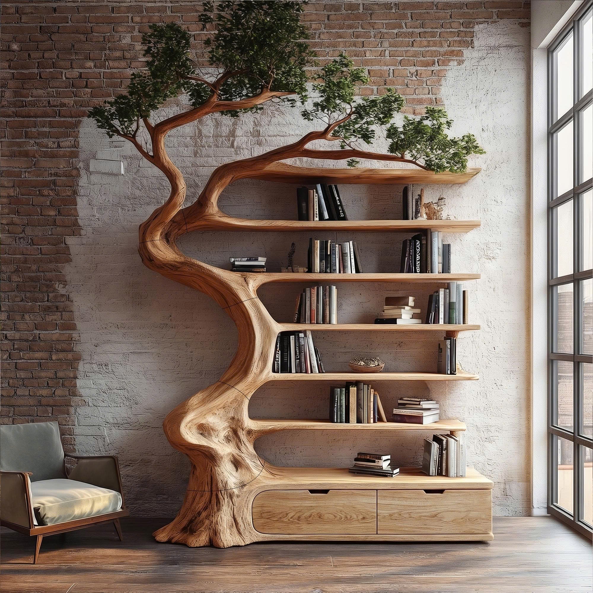 Rustic Tree Bookshelf With Storage Cabinet For Living Room SINLKITB724
