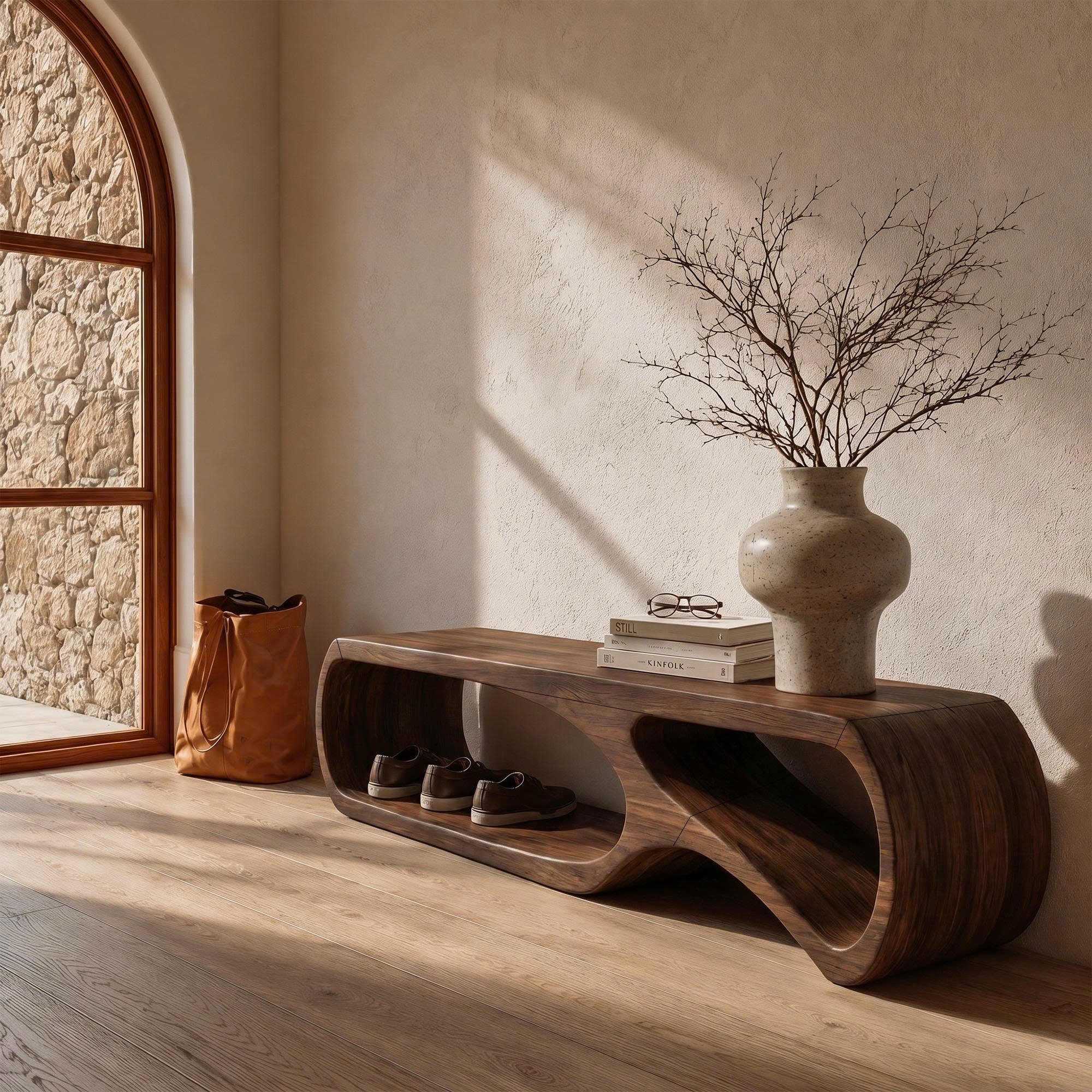 Sculptural Bench With Curved Open Storage Base For Entryway SINLKIRS115
