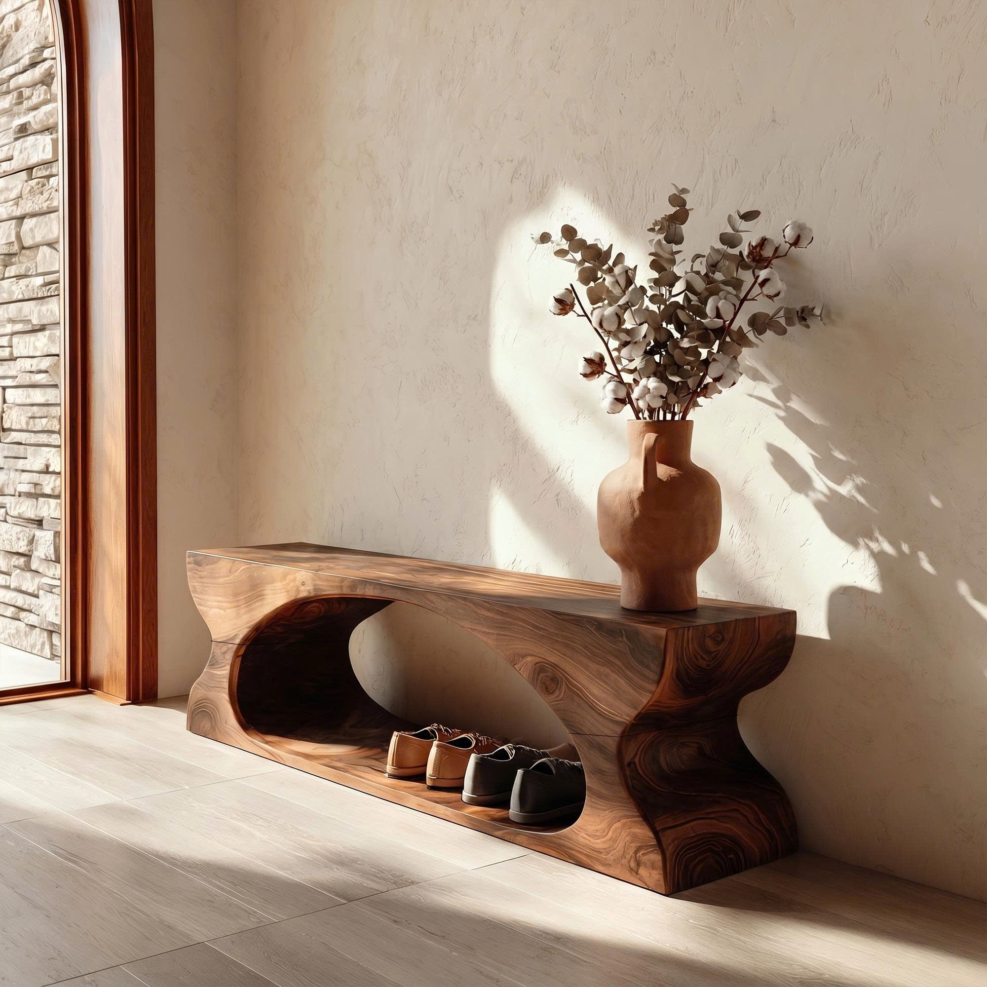 Modern Sculptural Wooden Bench With Organic Design For Entryway And Living Room SINLKIRS105