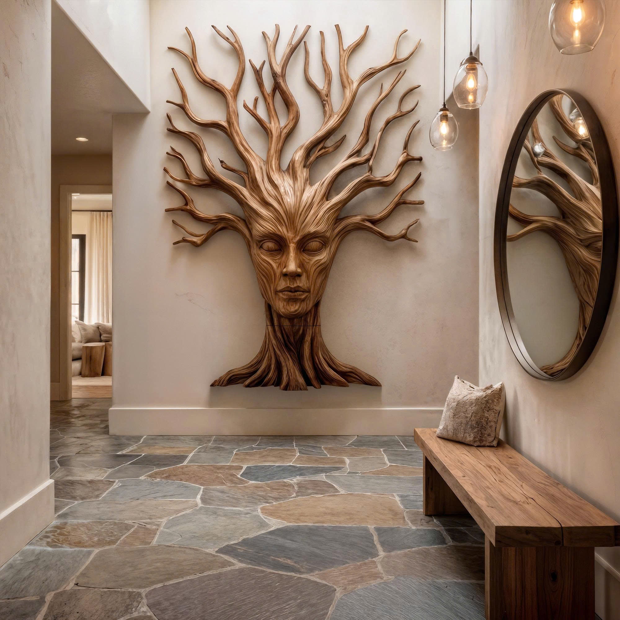 Mystical Tree Spirit Wooden Wall Art With Sculptural Face Design For Entryway And Living Room SINLKIWD104